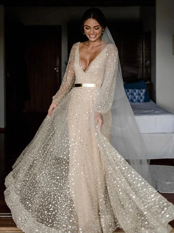 Sparkly Sequin V-Neck Long Sleeves Garden Beach Dream Vintage Long Wedding Dresses WD549