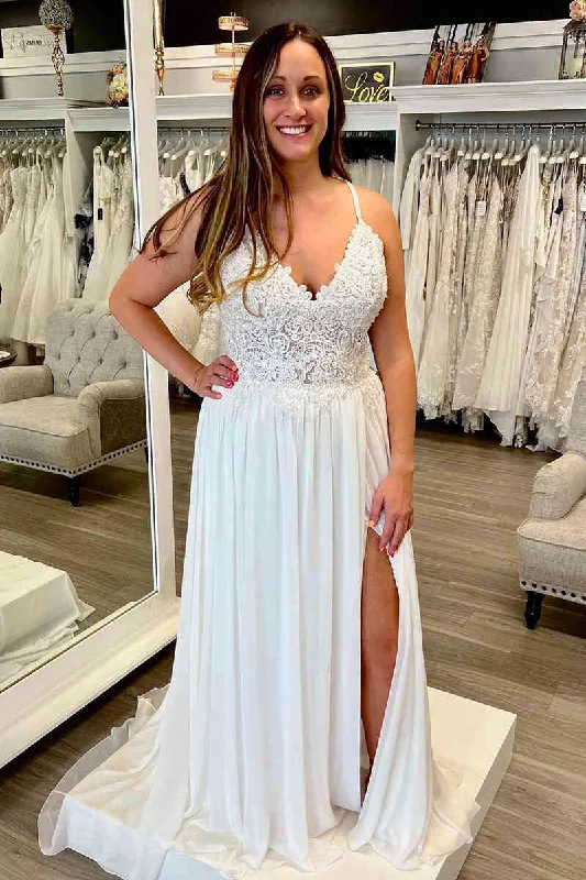 Straps Lace Top White A-Line Wedding Dress