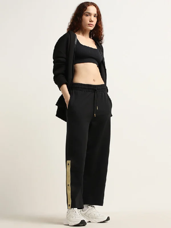 Studiofit Black Striped High-Rise Cotton Track Pants