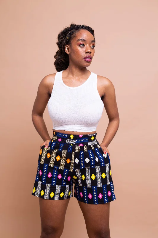 Tanya Ankara High Waisted Shorts | Black and Blue Multicolored African Print