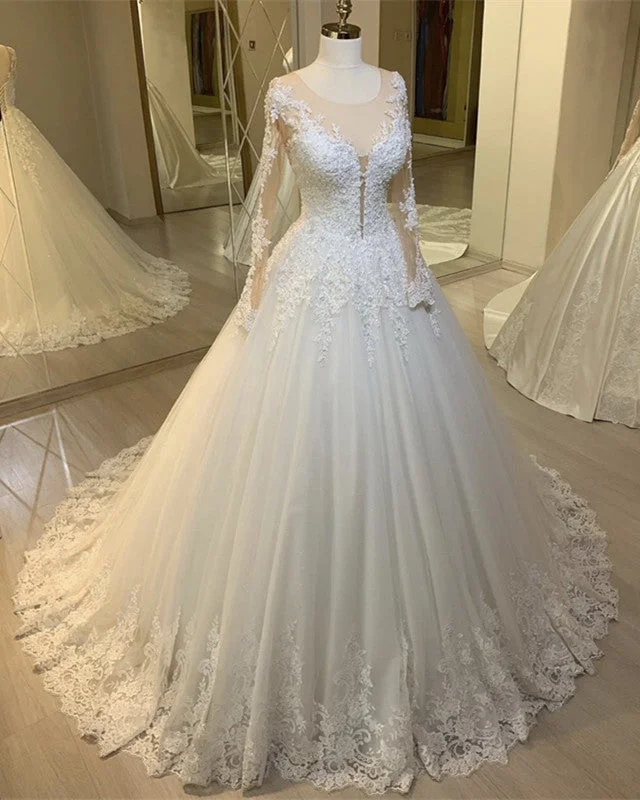 Tulle Ball Gown Wedding Dresses Lace Long Sleeves