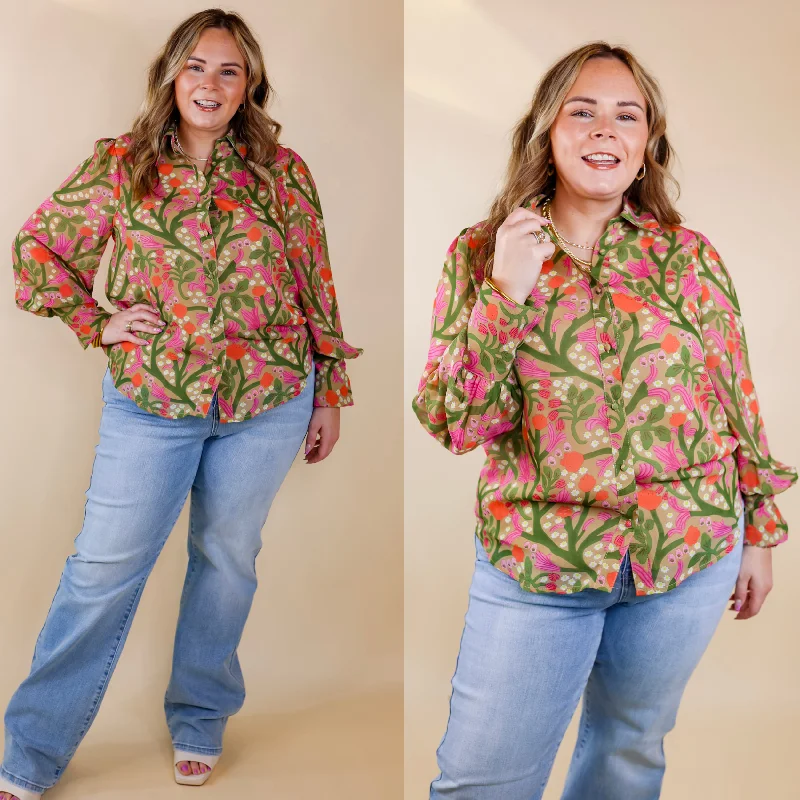 Last Chance Size Small | Upbeat Feels Floral Button Up Top with Long Sleeves in Green Mix