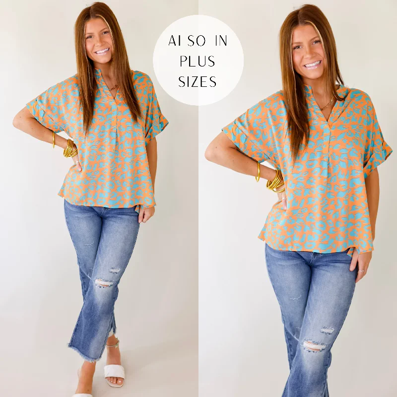 Bold and Beautiful V Neck Teal Leopard Print Top in Orange