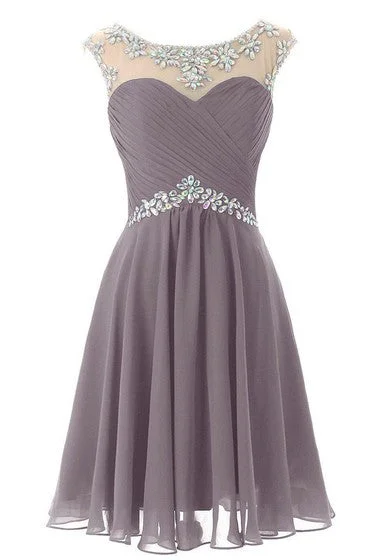 Cap-sleeved Chiffon Dress With Beading and Keyhole Back