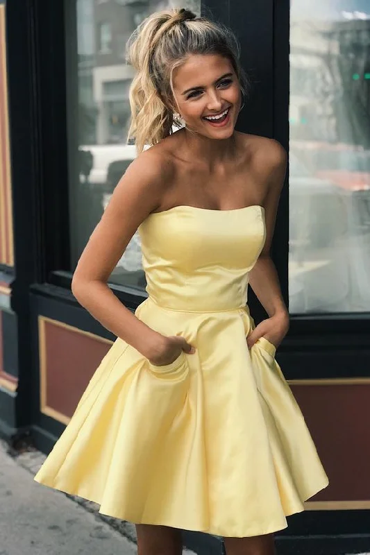 Elegant Strapless Sleeveless Short Solid Satin A-Line Cocktail Dresses ,short homecoming dress cg205