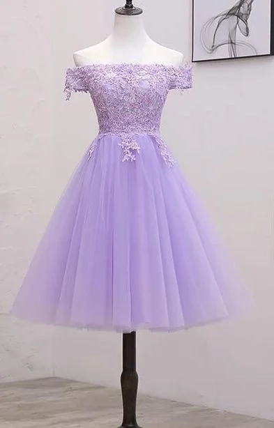 Light Purple Lace And Tulle Off The Shoulder Homecoming Dress, Short Party Dress  cg9056