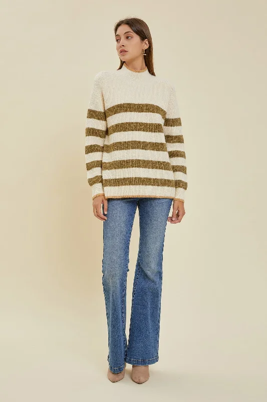 Olive Striped Color Block Mock Neck Sweater