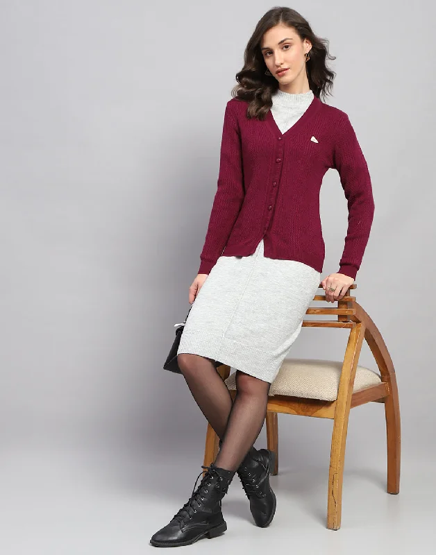 Women Maroon Self Design V Neck Full Sleeve Cardigan