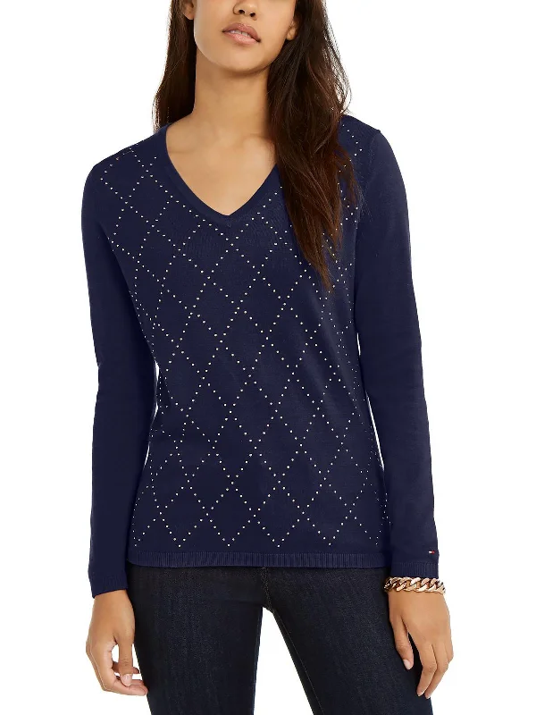 Womens Cotton Studded Argyle V-Neck Sweater