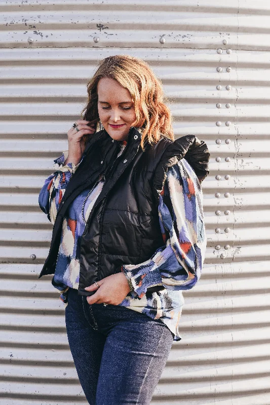 Black Ruffle Puffer Vest