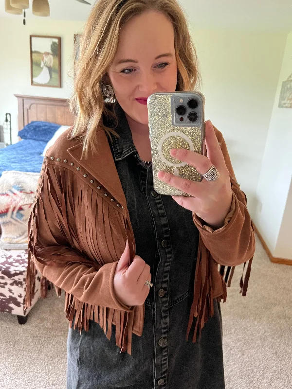 Brown Studded Suede Fringe Jacket