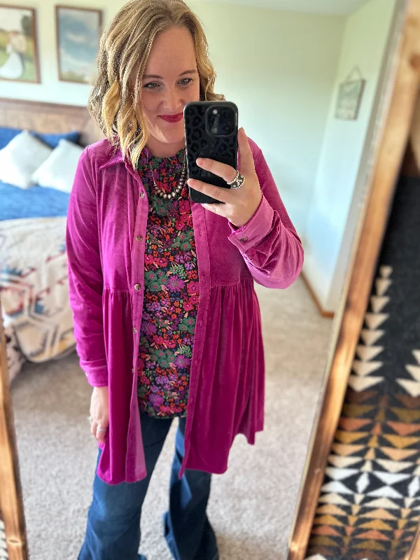 Magenta Velvet Button Down Duster / Dress