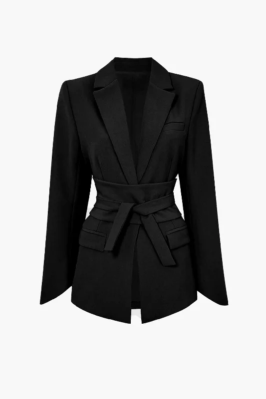 Basic Solid Notched Lapel Belted Blazer