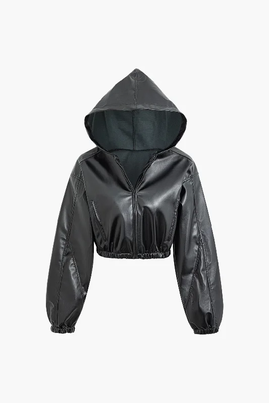 Solid Zipper Hooded Faux Leather Jacket