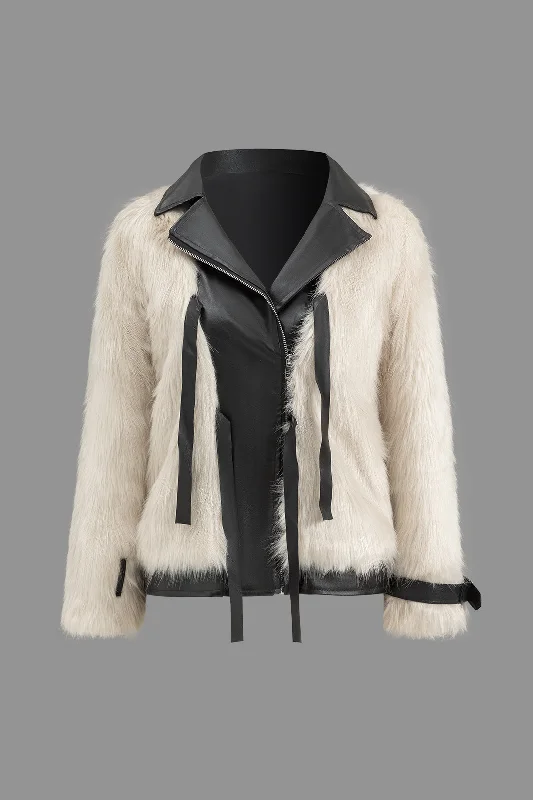 Faux Leather Patchwork Faux Fur Jacket With Belted Details