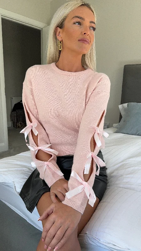 Amira Pink Jumper With Bow & Cut Out Sleeve Detail