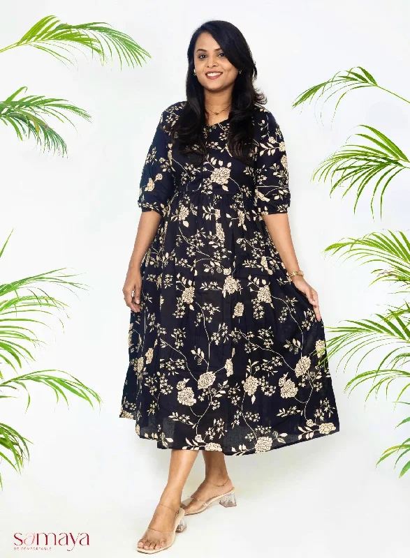 Black  floral  maternity feeding dress with lining