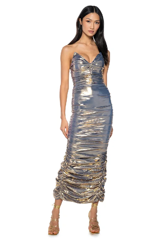 BRING THE HEAT METALLIC MAXI DRESS