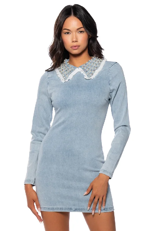 BEJEWELED COLLAR DENIM MINI DRESS