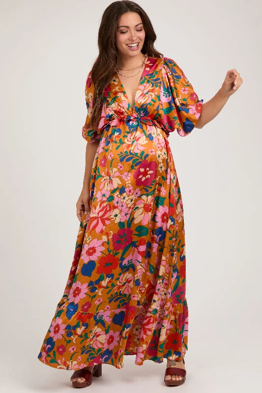 Orange Floral Satin Deep V-Neck Puff Sleeve Maternity Maxi Dress