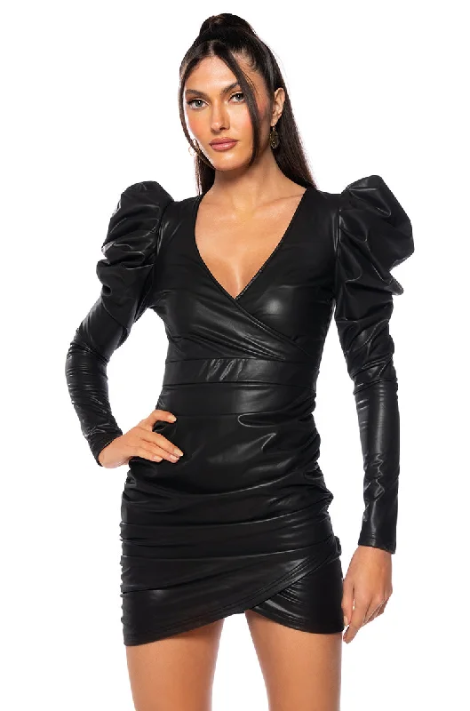 READY FOR IT LONG SLEEVE FAUX LEATHER SURPLICE MINI DRESS