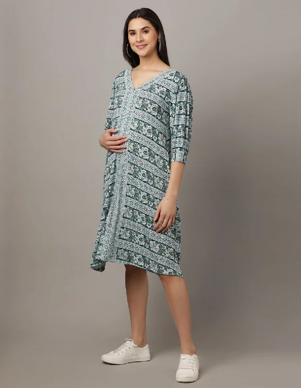 Teal Floral Printed Maternity and Nursing Dress