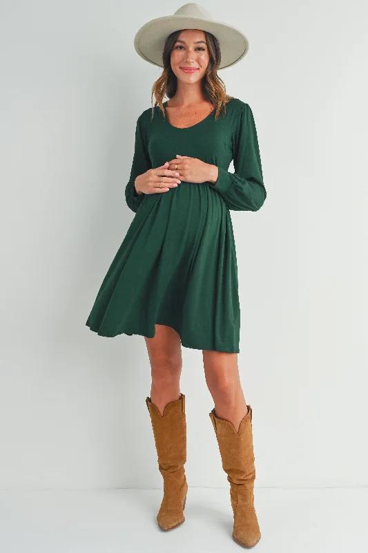 U Neck Puff Sleeve Maternity Dress with Pocket