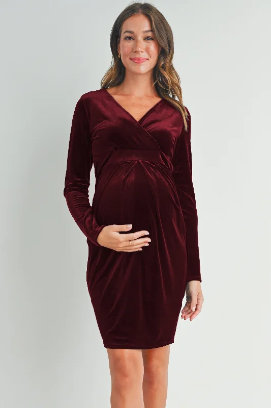 Velvet Surplice Neck Front Pleat Maternity Dress