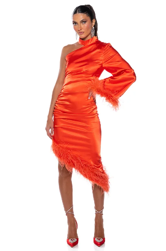 YOU LOVE IT FEATHER TRIM SATIN MIDI DRESS