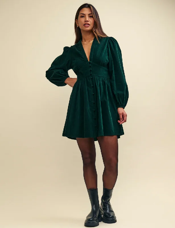 Dark Green Cord Long Sleeve Starlight Mini Dress