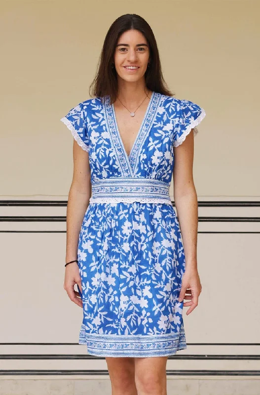 Pippa Block Print Mini Dress | Japanese Flower Cobalt